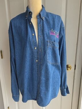 Denim Button-Down Shirt with Pink & Purple Longhorn Patch